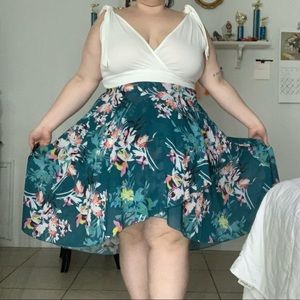 Blue Floral Dress with White Bodice & Tie Straps